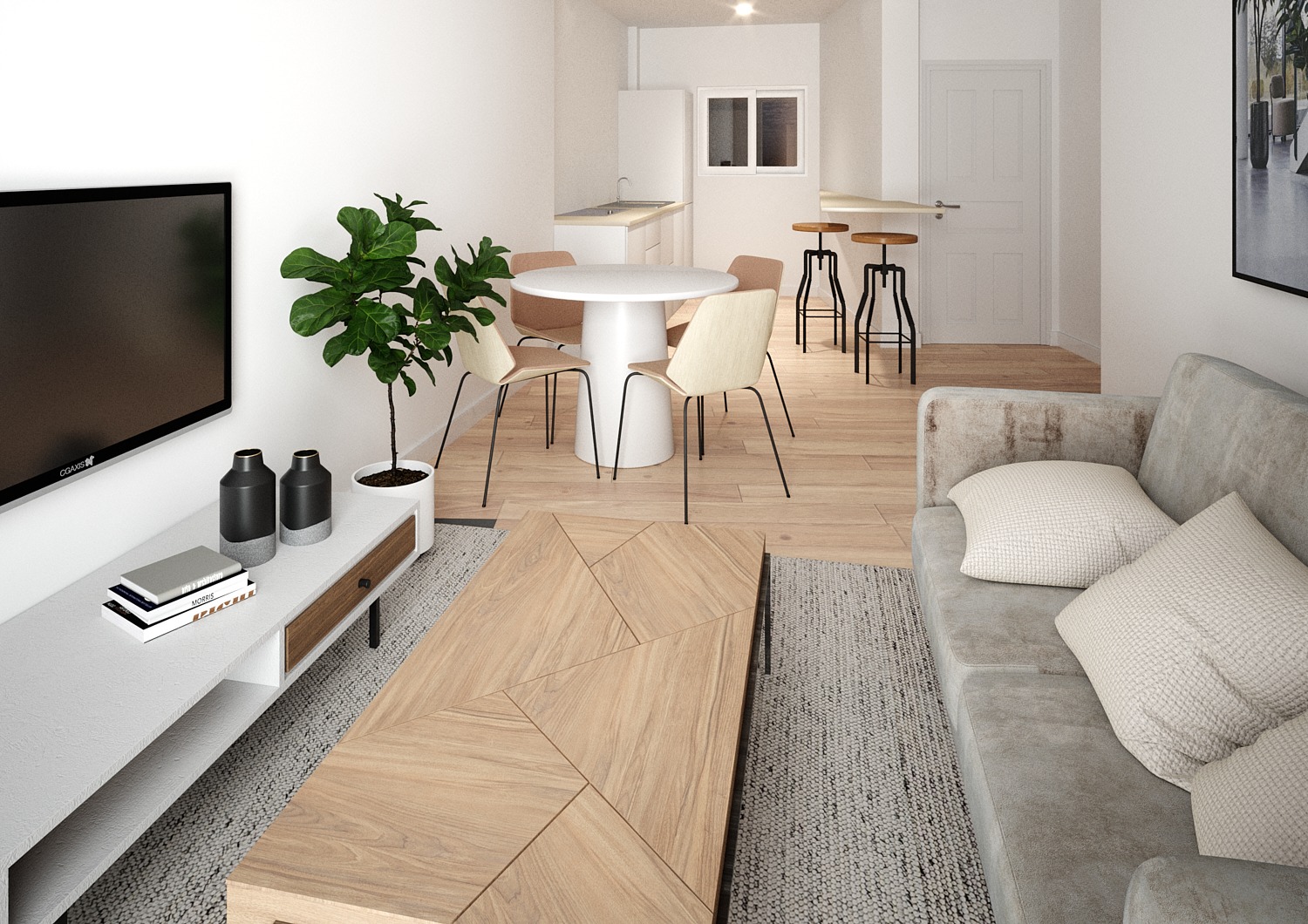 Perspectiva del salón-comedor amplio y luminoso